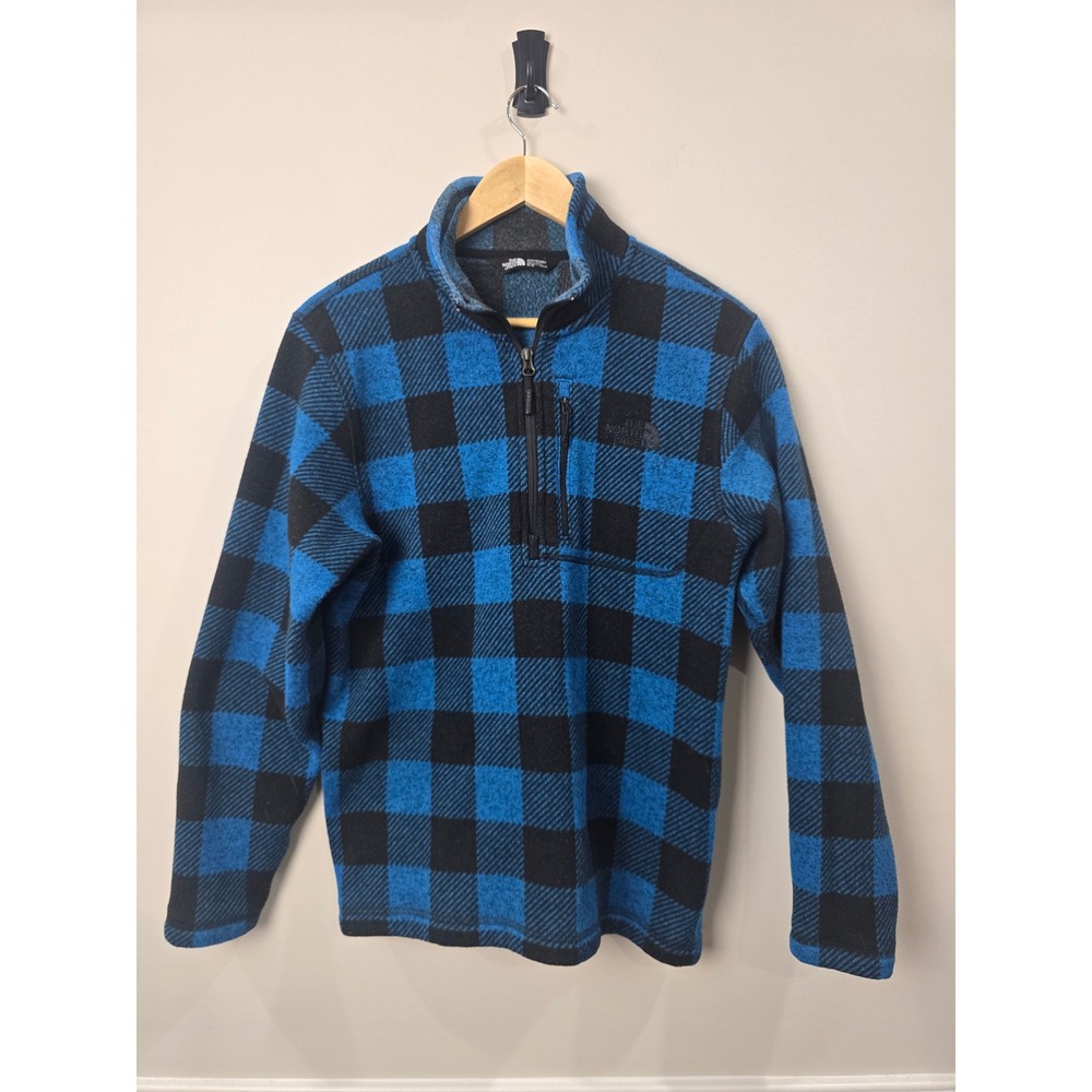 The North Face Mens Blue Black Buffalo Plaid Quarter Zip Fleece Pullover Medium